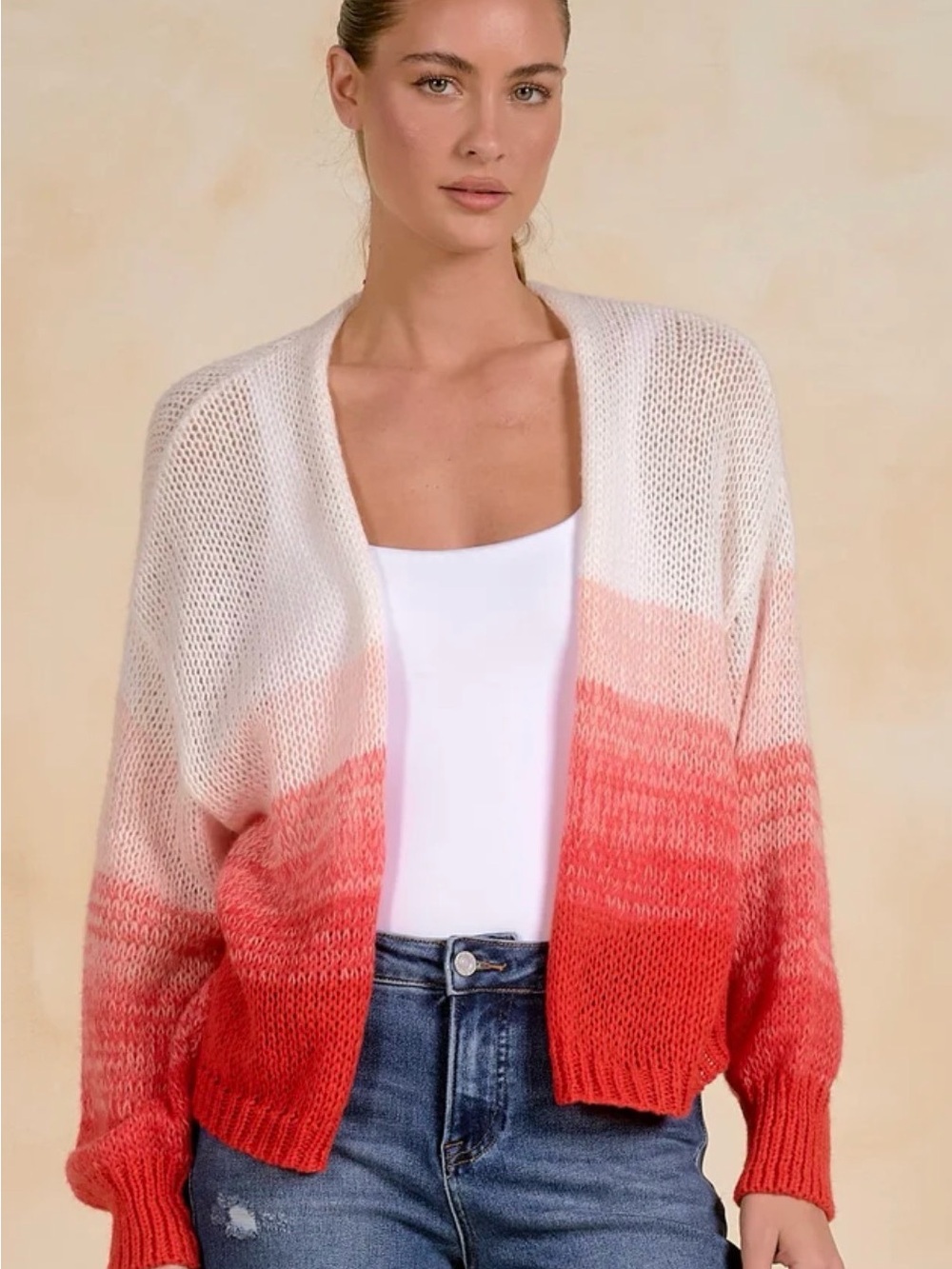 Elan Red-Coral-Cream Ombre Open-Front Knit Cardigan